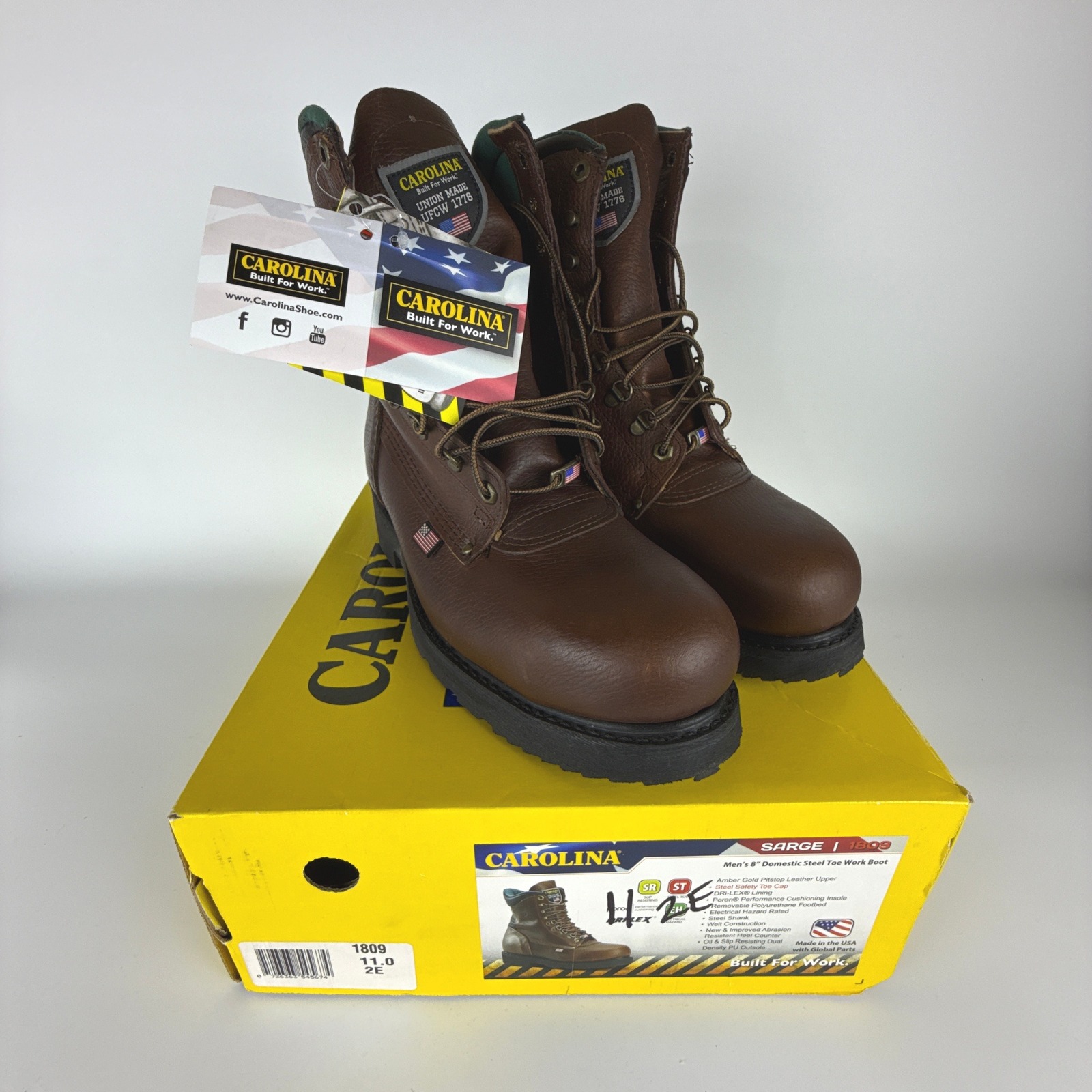Carolina Sarge 1809 Men 8 Inch Steel Toe Work Boots Brown Leather Size 11 2e New